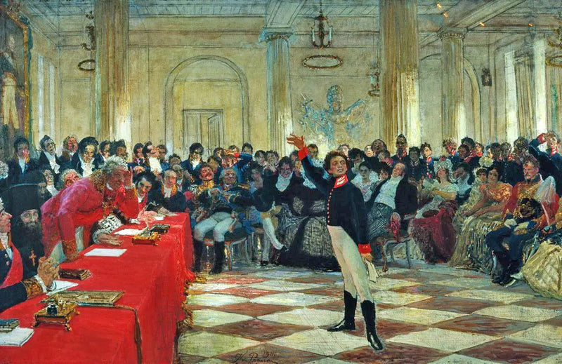 Alexandre Sergueïevitch Pouchkine leser opp sitt dikt foran Gavrila Derjavin under eksamen ved Tsarskoïe Selo gymnas den 8. januar 1815. - Ilya Repin