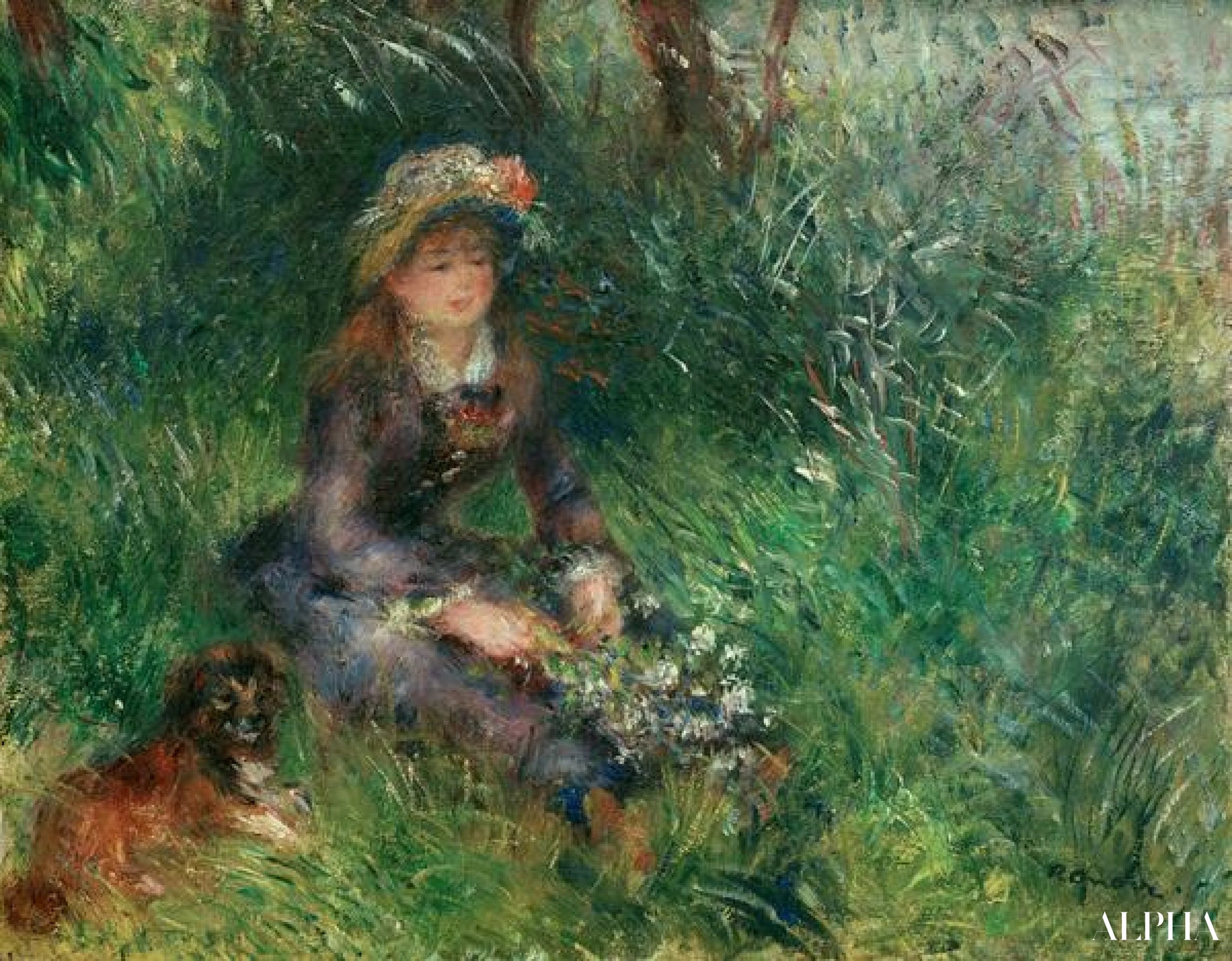 Aline Charigot med en hund - Pierre-Auguste Renoir - Høykvalitets reproduksjoner av malerier og bilder