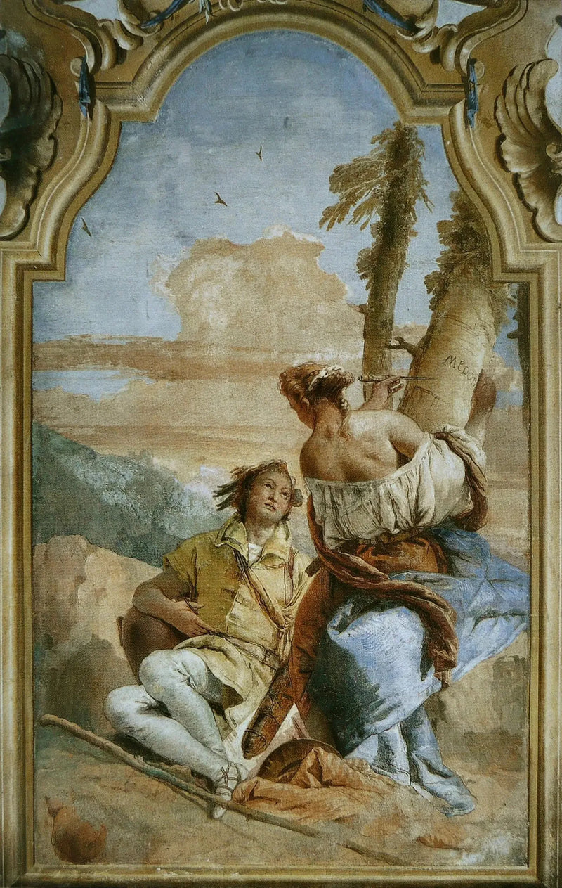 Angelica graver navnet til Medoro på et tre - Giovanni Battista Tiepolo