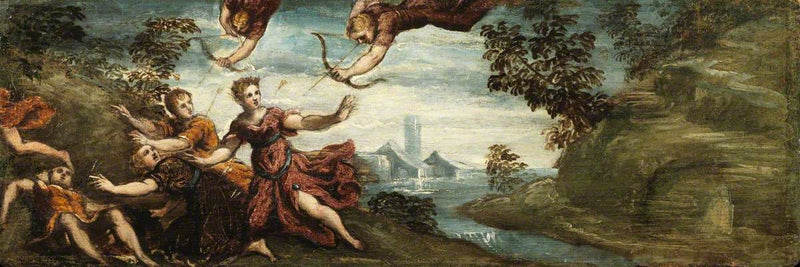 Apollon og Diana dreper Niobe's barn - Jacopo Tintoretto