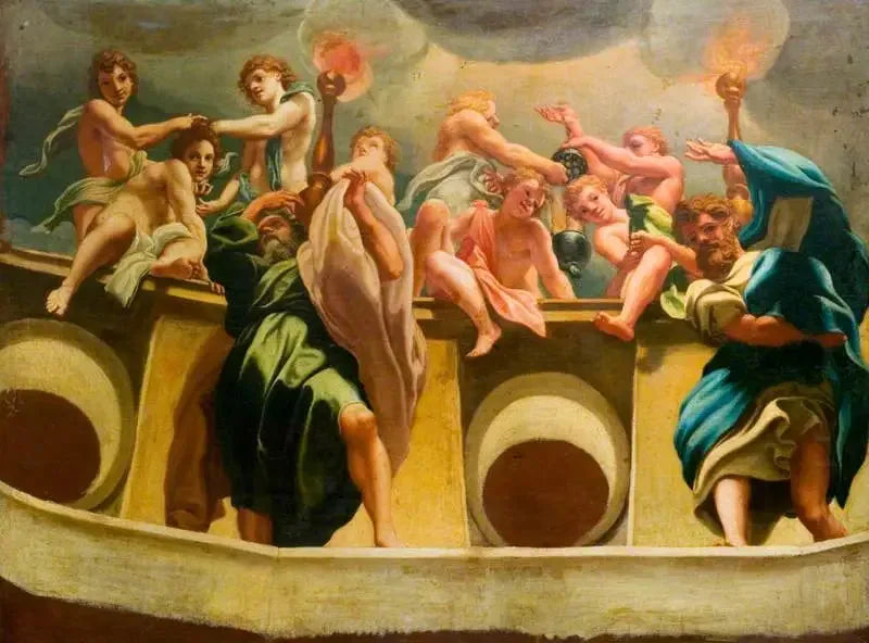 Apostler og engler ved Antakelsen (kopi av fresken i kuppelen på katedralen i Parma) - Antonio da Correggio