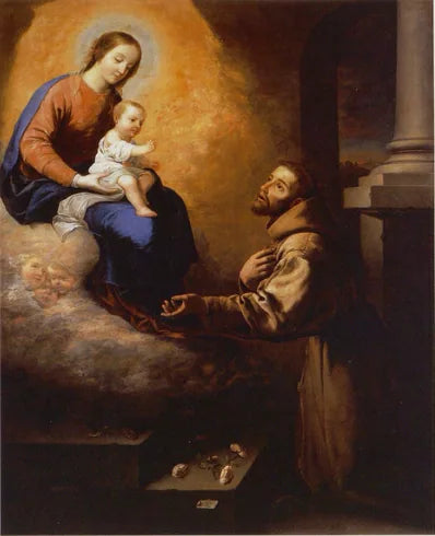 Åpenbaringen av Jomfruen og den lille Jesus til St. Fransiskus i Portioncule - Francisco de Zurbarán