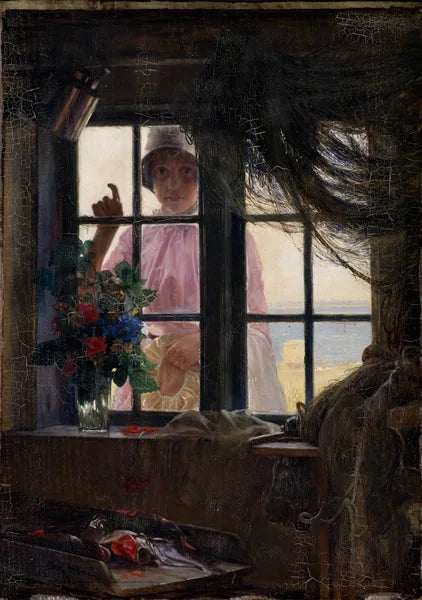 Etter badet. En ung jente banker på fiskerens vindu. - Carl Heinrich Bloch