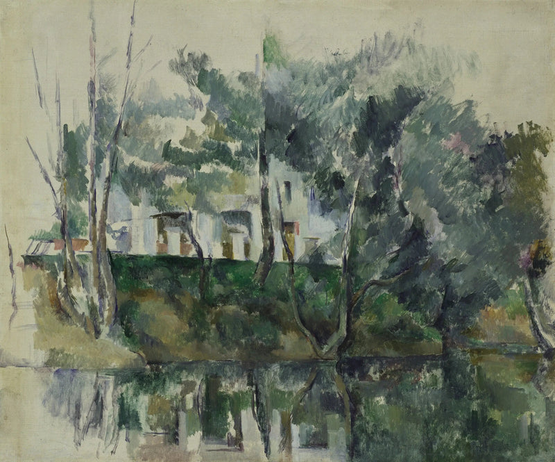Trær og hus ved vannkanten - Paul Cézanne