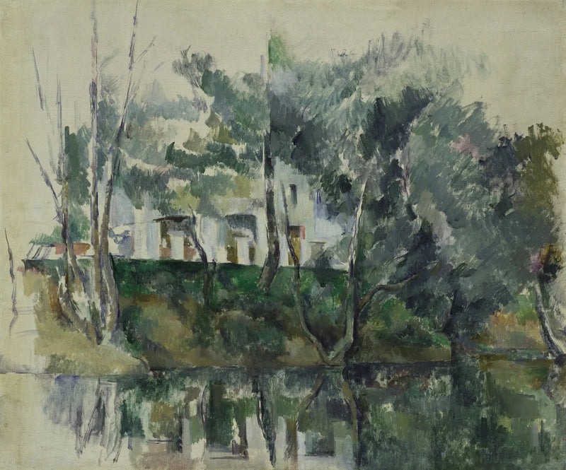 Trær og hus ved vannkanten - Paul Cézanne