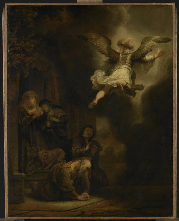 L'Archange Raphaël quittant la famille de Tobie ou Tobie et sa famille prosternés devant l'ange - Rembrandt