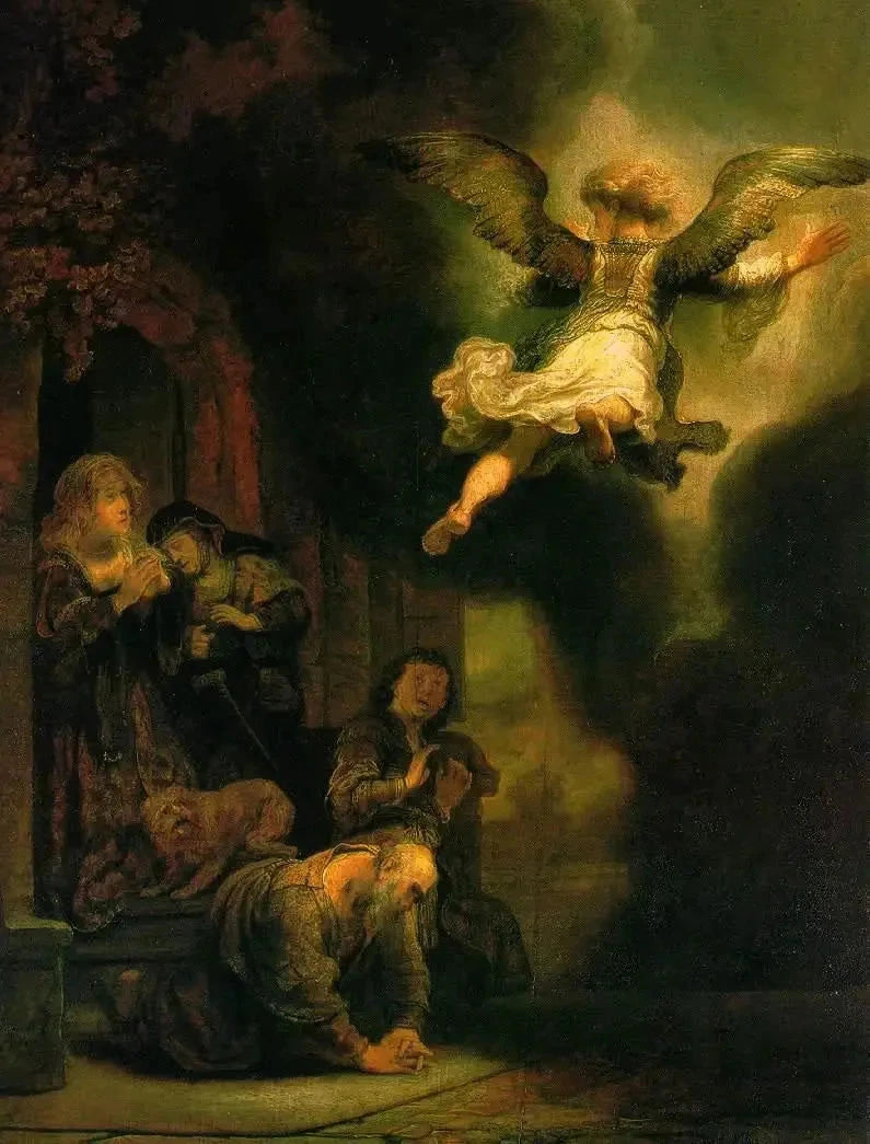 Erkeengelen Raphael forlater Tobits familie - Rembrandt