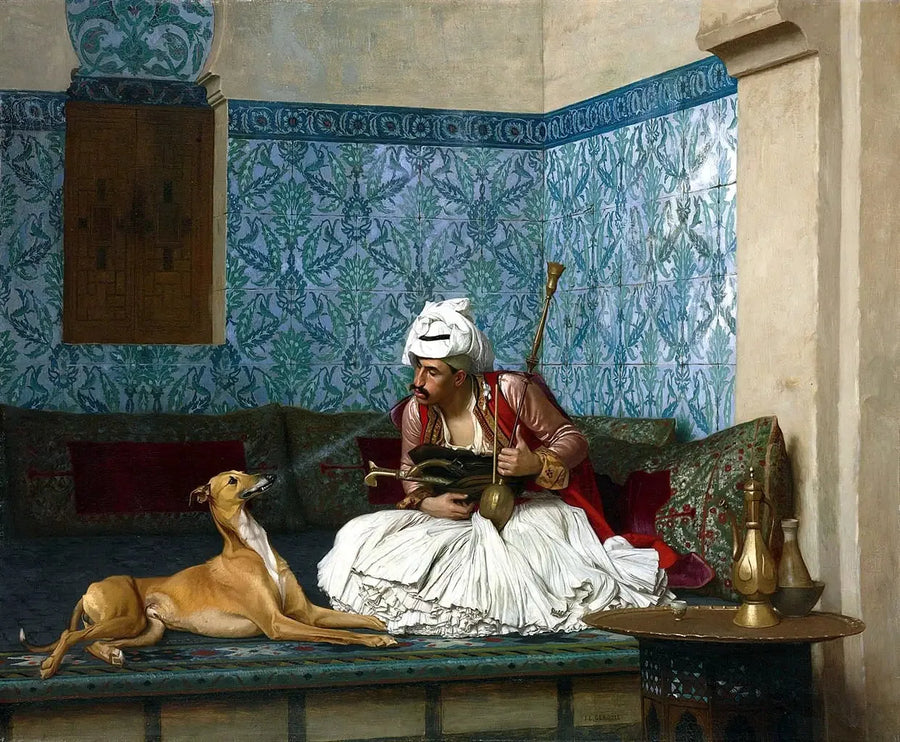Arnaut blåser røyk på nesen til hunden sin - Jean-Léon Gérôme