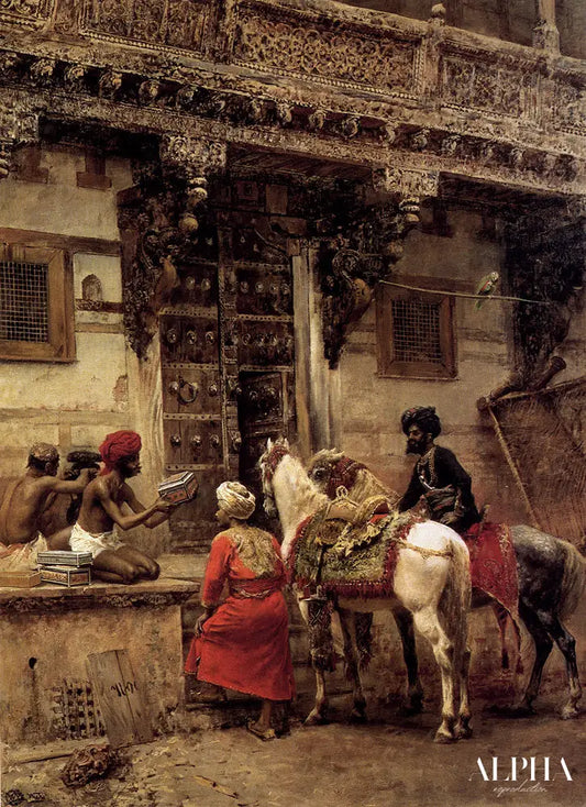 Artisan vendant des étuis près d'un bâtiment en bois de teck, Ahmedabad - Edwin Lord Weeks - Reproductions de tableaux et peintures haut de gamme