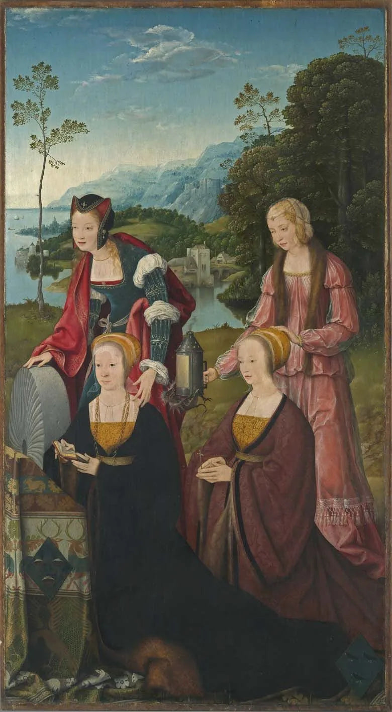 Relikvies av Marientod: Hellig Christine og Gudula med donasjonene Christine og Sibilla Hackeney bak; på utsiden: Helgener Sebastian og Roch - Joos van Cleve