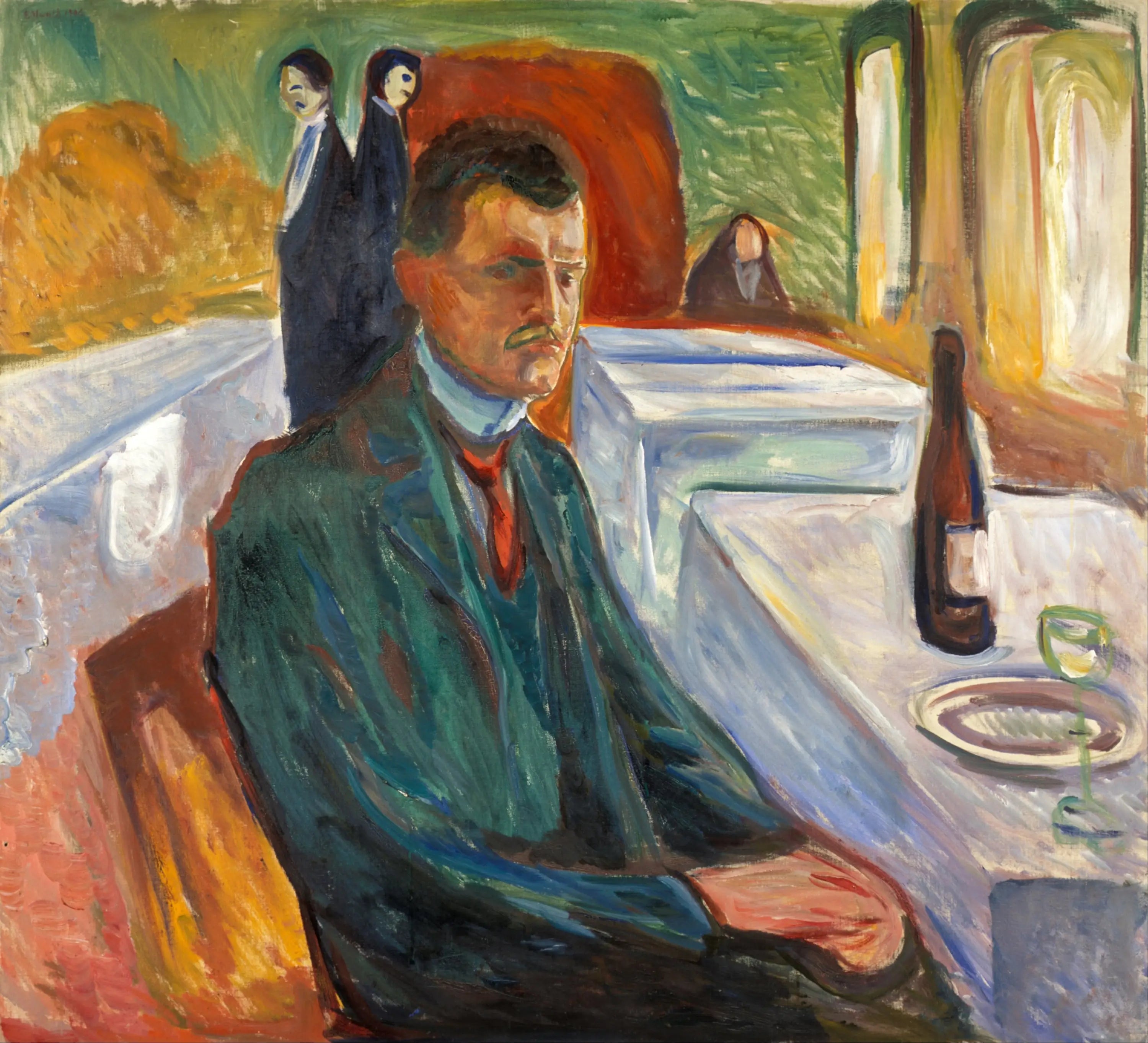Reproduction du tableau « Autoportrait à la bouteille de vin - Edvard Munch » par Alpha Reproduction en peinture à l’huile