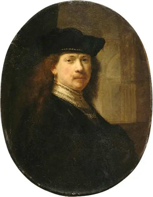 Selvportrett med toque mot en arkitektonisk bakgrunn - Rembrandt