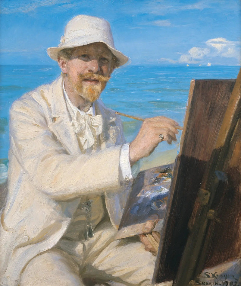 Selvportrett, sittende ved sitt staffeli på Skagen-stranden - Peder Severin Krøyer