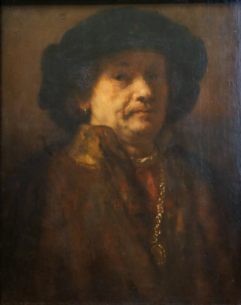 Selvportrett med svart beret og gullkjede - Rembrandt