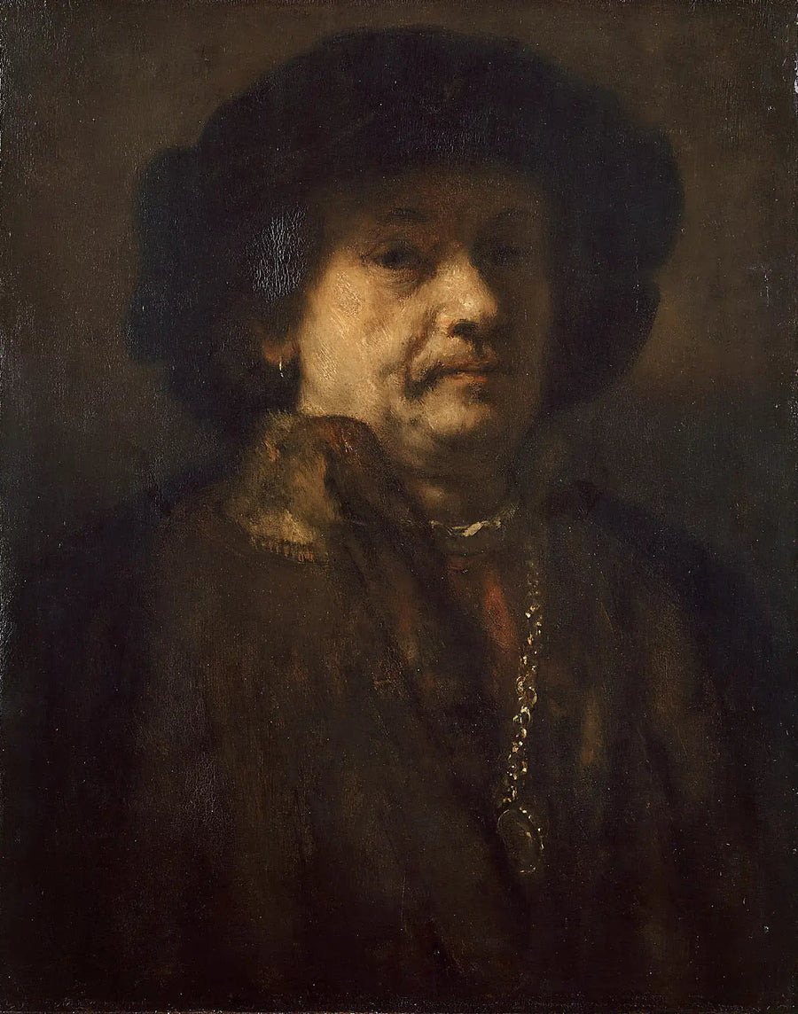 Selvportrett med svart beret og gullkjede - Rembrandt