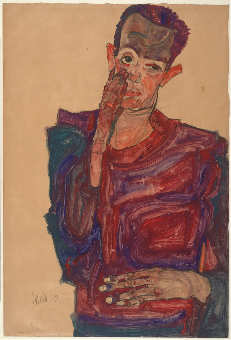 Selvportrett med senket øyelokk - Egon Schiele