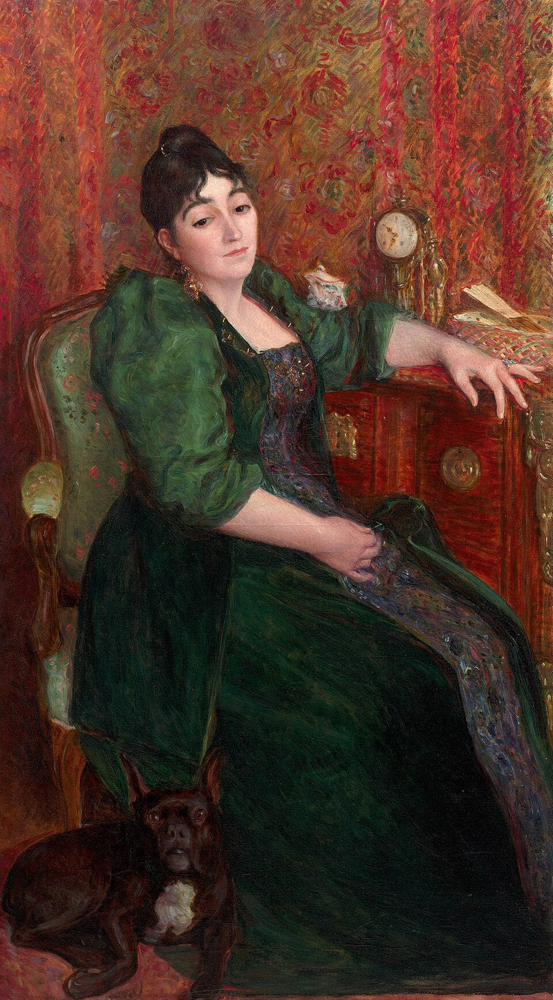 Selvportrett av kunstneren i en stol sammen med Bob, hennes franske bulldog - Marie Bracquemond
