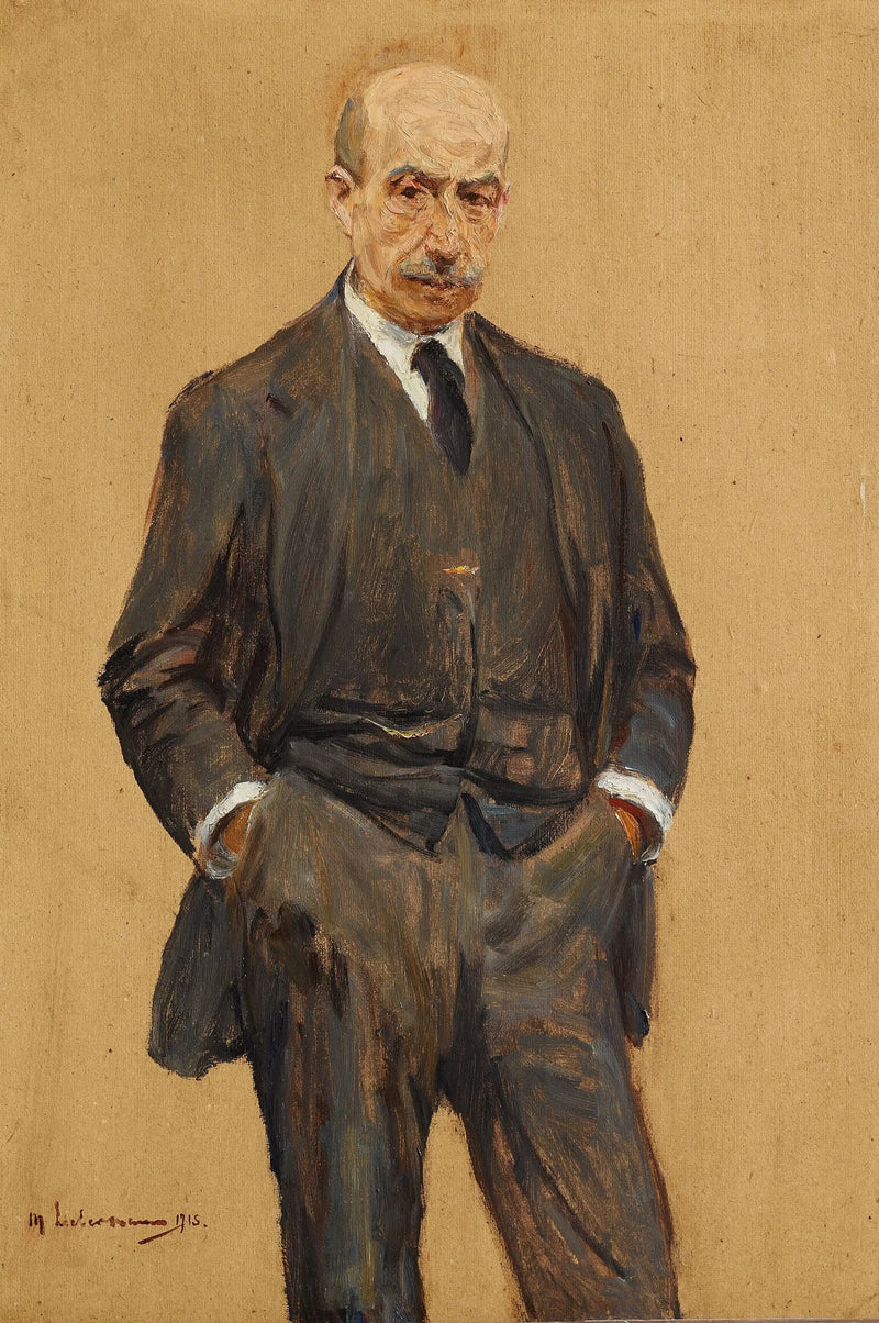 Selvportrett, stående i trekvart, med begge hender i bukselommene - Max Liebermann