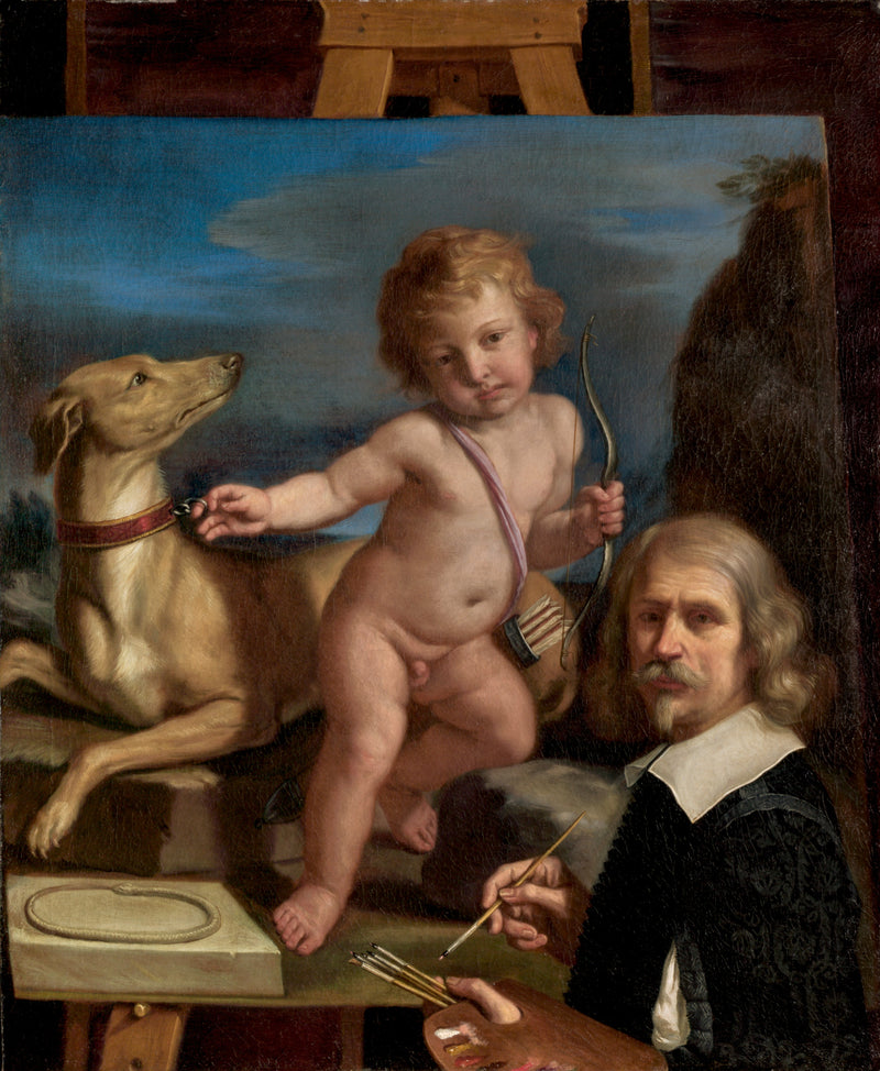Selvportrett foran et maleri som forestiller « Amor Fedele » - Guercino