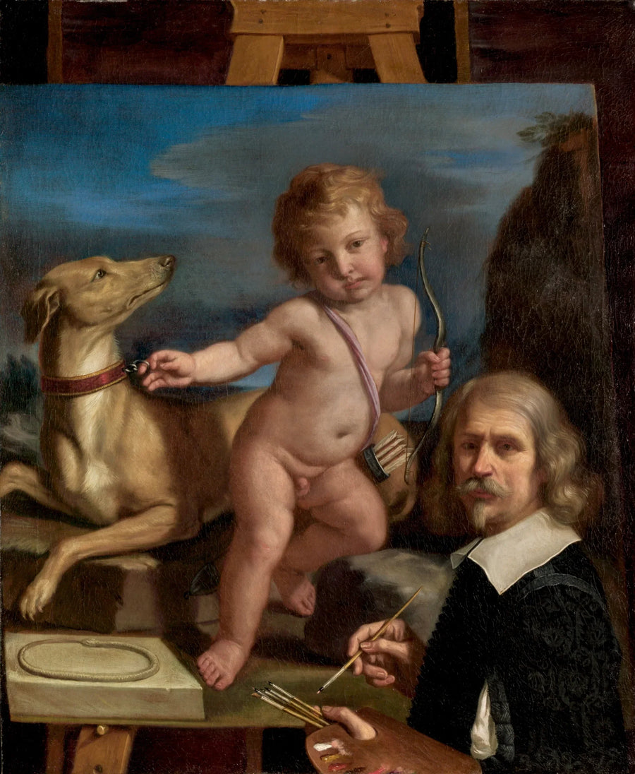 Selvportrett foran et maleri som forestiller « Amor Fedele » - Guercino