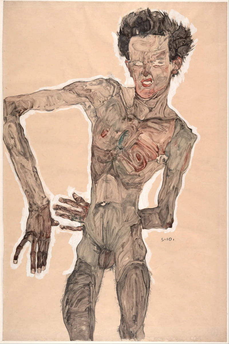 Naken selvportrett med grimase - Egon Schiele