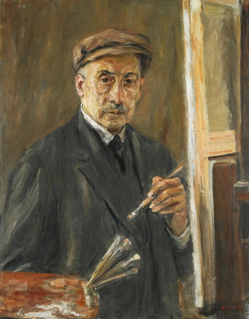 selvportrett iført en frakk med pensel og palett - Max Liebermann
