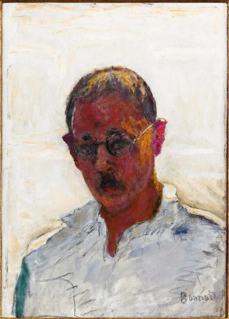 Selvportrett på hvit bakgrunn, skjorte med åpen krage - Pierre Bonnard
