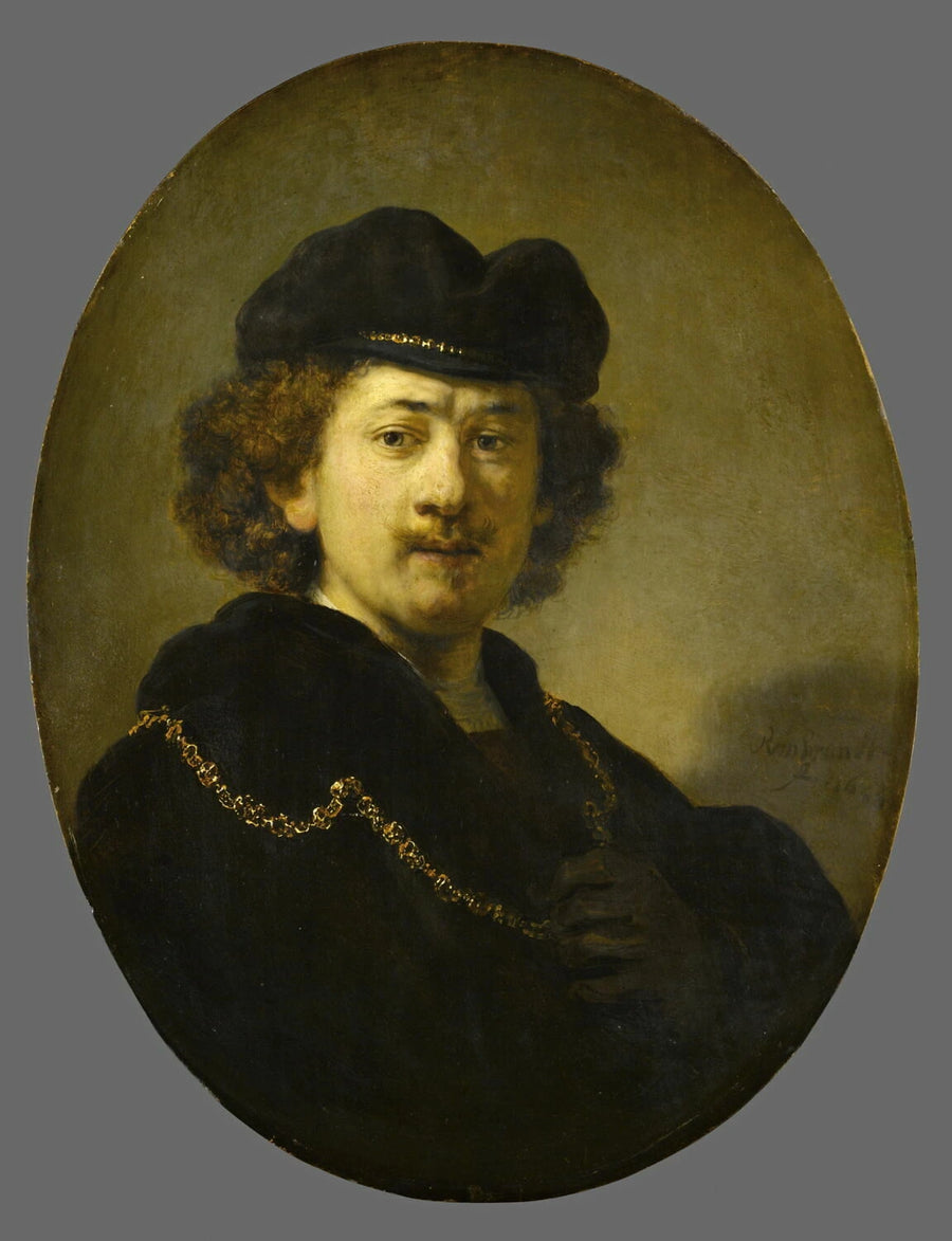 Portrett av kunstneren med toque og gullkjede - Rembrandt