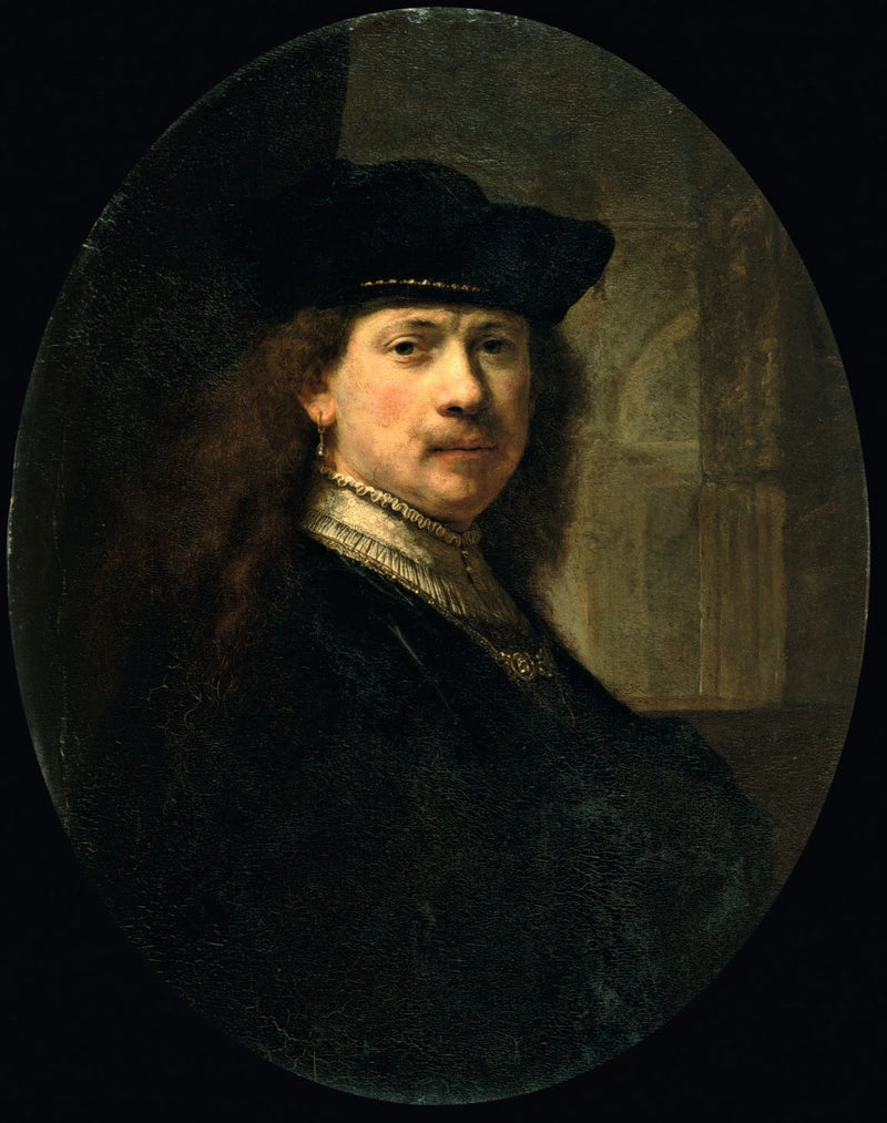 Selvportrett med toque mot en arkitektonisk bakgrunn - Rembrandt