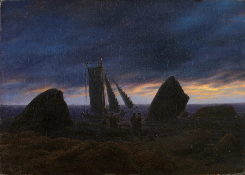 Fiskebåt mellom to klipper på stranden ved Østersjøen - Caspar David Friedrich