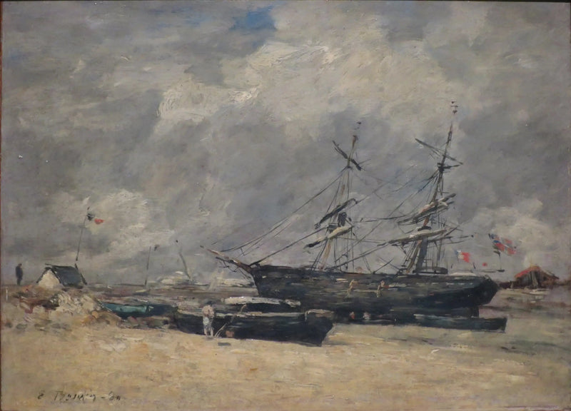 Fiskebåter på stranden. Trouville, lavvann - Eugène Boudin