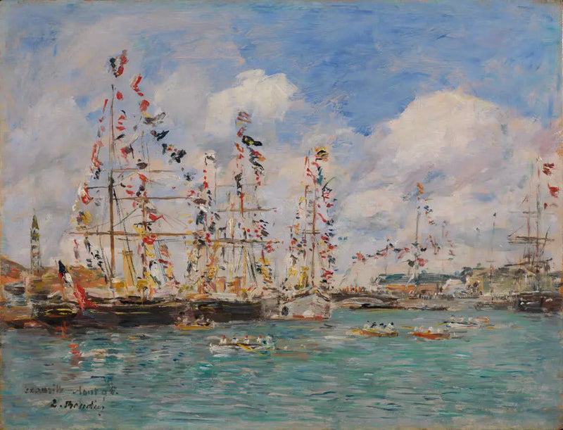 Båter dekorert med flagg i havnen i Deauville - Eugène Boudin