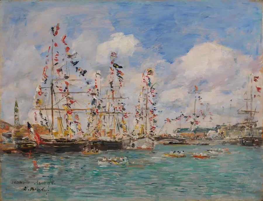 Båter dekorert med flagg i havnen i Deauville - Eugène Boudin