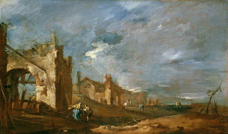 Ruinbygninger og personer ved lagunens kant - Francesco Guardi