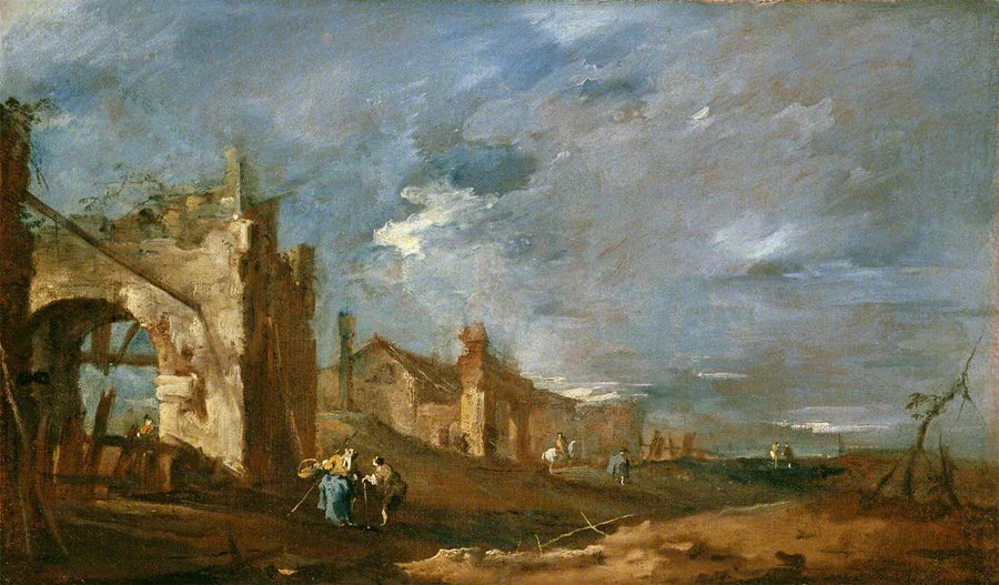 Ruinbygninger og personer ved lagunens kant - Francesco Guardi