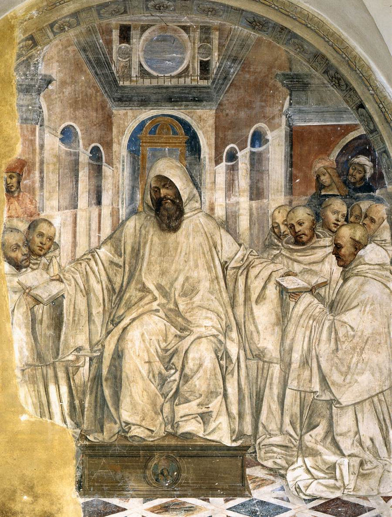 Benoît presenterer sin linjal for de olivfargede munkene. - Il Sodoma (Giovanni Antonio Bazzi)