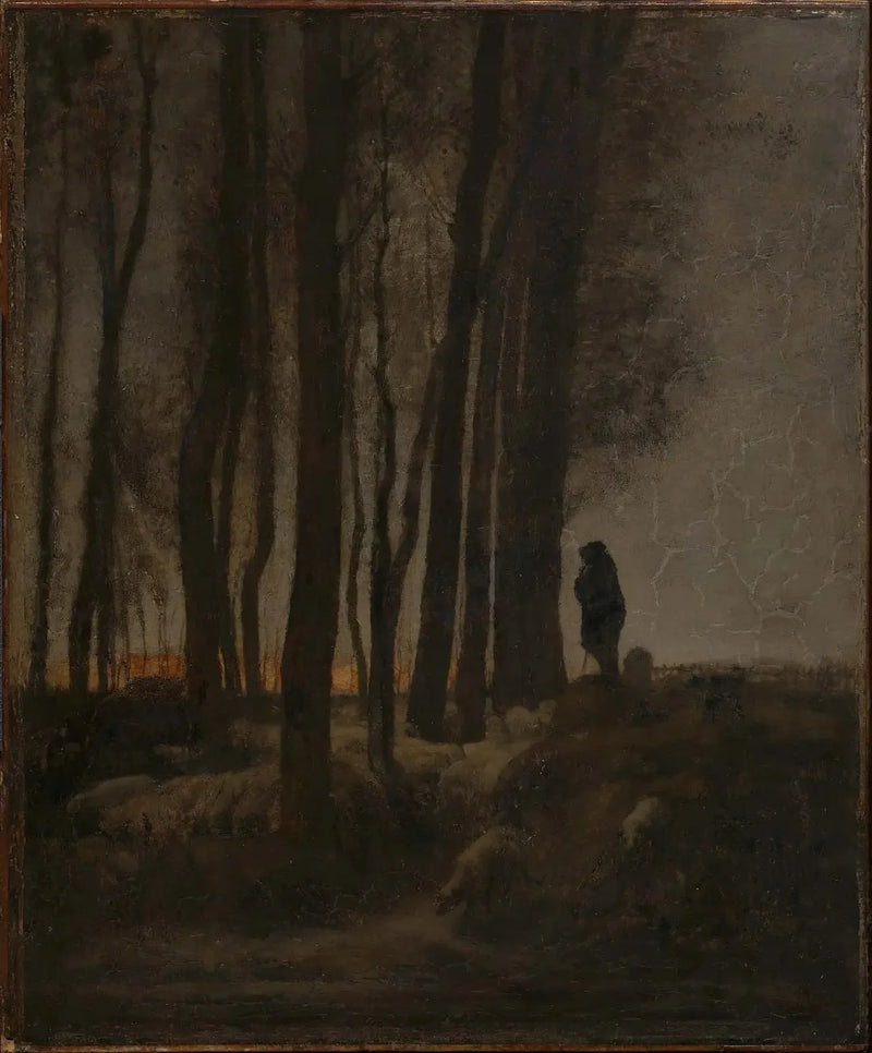 Berger og flokk ved skogkanten, kveld - Jean-François Millet