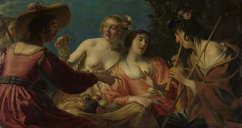 Berger som spiller fløyte og fire gjeterinner - Gerrit van Honthorst