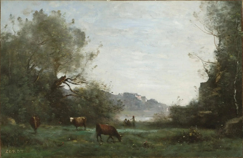 Beitefe i en skogkledd dal - Jean-Baptiste Camille Corot