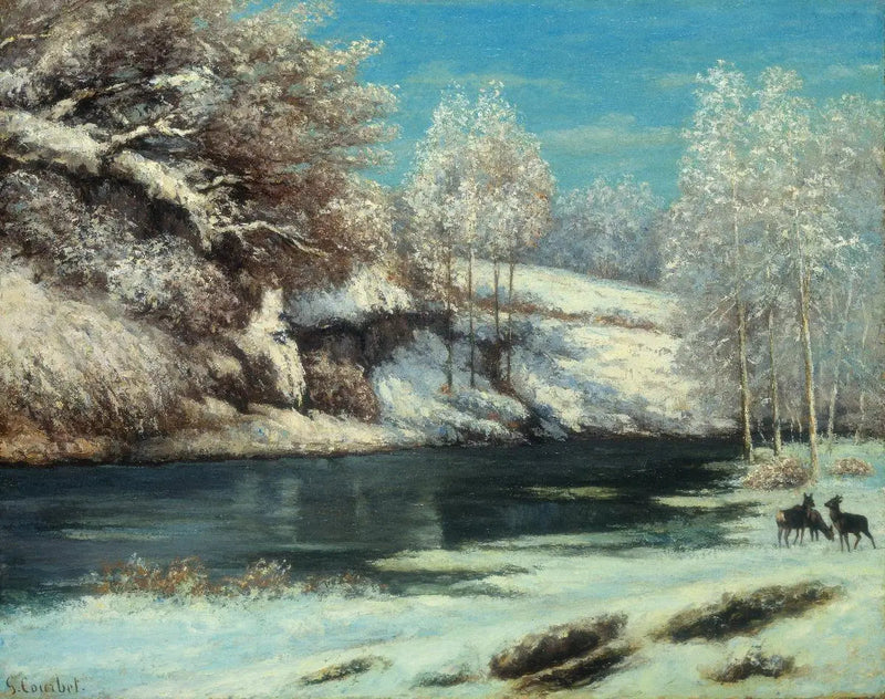 Hjort og rådyr nær en elv - Gustave Courbet