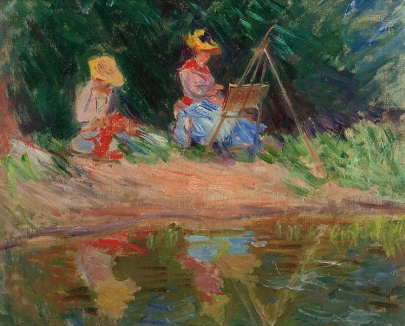 Blanche Monet maler med sin søster Suzanne ved vannkanten - Claude Monet