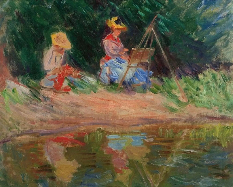 Blanche Monet maler med sin søster Suzanne ved vannkanten - Claude Monet