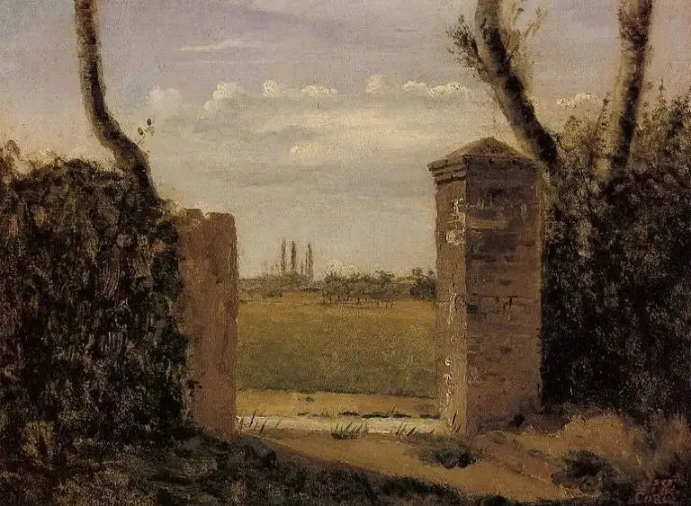 Bois-Guillaume, nær Rouen, port flankert av to søyler - Jean-Baptiste Camille Corot