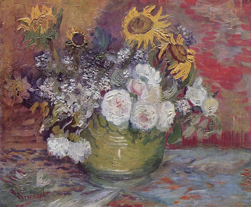 Bol med solrosor, rosor och andra blommor - Vincent van Gogh
