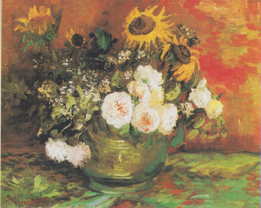 Bol med solrosor, rosor och andra blommor - Vincent van Gogh