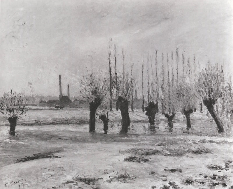 Oise-bredden i Pontoise, snøeffekt - Camille Pissarro