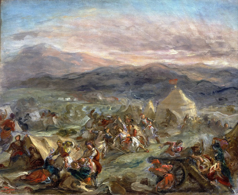 Botzaris overrasker den tyrkiske leiren og blir dødelig såret - Eugène Delacroix