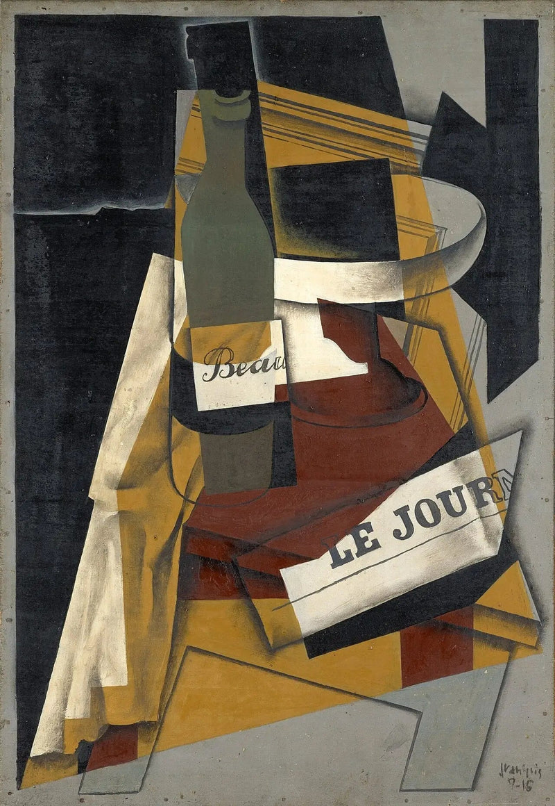 Flaske og fruktskål (Flaske, avis og fruktskål) - Juan Gris