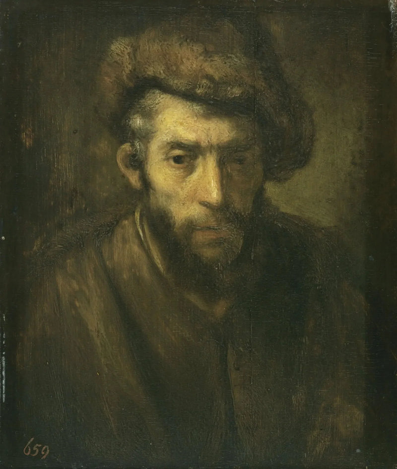 Bust av mann med pelslue - Rembrandt