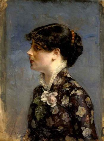 Profilbyste av en ung brunette, til venstre, i blomstrete bluse - Giovanni Boldini